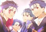  4boys blue_hair cu_chulainn_(caster)_(fate) cu_chulainn_(fate) cu_chulainn_(fate/prototype) cu_chulainn_(fate/stay_night) cu_chulainn_alter_(fate/grand_order) earrings facepaint fate/grand_order fate/stay_night fate_(series) jewelry long_hair looking_at_viewer male_focus moto_(otemoto02) multiple_boys ponytail red_eyes smile tattoo 