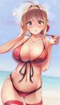 1girl ahoge ass_visible_through_thighs bangs bare_shoulders bikini blue_sky blush breasts brown_hair cleavage collarbone commentary_request cowboy_shot day dermar eyebrows_visible_through_hair fate/extra fate/grand_order fate_(series) green_eyes hair_intakes hair_ornament highres horizon large_breasts looking_at_viewer navel nero_claudius_(fate) nero_claudius_(fate/extra) ocean open_mouth outdoors red_bikini sidelocks signature sky solo standing stomach swimsuit thigh_strap 