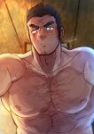  1boy absurdres bara chest_hair closed_mouth cross_scar facial_hair highres houzouin_oniwaka kageru_(mofnyan) large_pectorals long_sideburns male_focus mature_male muscular muscular_male nipples pectorals scar scar_on_face scar_on_forehead short_hair sideburns solo stubble thick_eyebrows tokyo_afterschool_summoners upper_body 