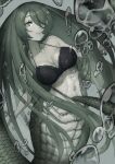  1girl black_bra bouhuman bra breasts bubble collarbone commission green_eyes green_hair hair_between_eyes highres lamia long_hair looking_at_viewer monster_girl navel original parted_lips scales skeb_commission solo tail underwater underwear very_long_hair 