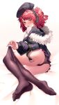  1girl absurdres beret black_legwear blush bra breasts candy commission food full_body fur_trim girls&#039;_frontline hat highres lollipop medium_breasts mp7_(girls&#039;_frontline) off_shoulder panties pantyshot pengrani red_hair side_ponytail solo thighs toes unbuttoned underwear undressing yellow_eyes 
