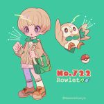  1boy artist_name bag ball bangs beak bird blunt_bangs blush bow bowl_cut bowtie brown_footwear character_name creature_and_personification english_text freckles full_body green_background green_bag highres holding_strap light_brown_hair long_sleeves mameeekueya open_mouth owl personification poke_ball poke_ball_(basic) pokedex_number pokemon pokemon_(creature) rowlet shoes short_hair shorts shoulder_bag simple_background standing star_(symbol) 