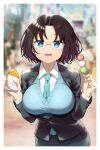  1girl aqua_necktie aqua_sweater_vest bangs black_hair black_jacket blue_eyes blurry blurry_background collared_shirt dango dragon_girl elma_(maidragon) food food_request glasses hands_up highres holding holding_food jacket kobayashi-san_chi_no_maidragon long_sleeves looking_at_viewer mj_nameraka necktie open_mouth sanshoku_dango shirt short_hair smile solo upper_body wagashi white_shirt 