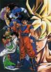  1990s_(style) aqua_eyes armor bald black_hair blonde_hair cape chaozu dougi dragon_ball dragon_ball_z father_and_son gloves highres kuririn looking_at_viewer muscular muscular_male namekian official_art outstretched_arm piccolo pointy_ears purple_hair retro_artstyle saiyan serious son_gohan son_goku standing super_saiyan super_saiyan_1 tenshinhan third_eye trunks_(dragon_ball) turban vegeta wristband yamcha 