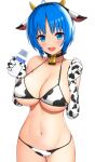  1girl :d absurdres ahoge animal_collar animal_ears animal_print bell bikini blue_eyes blue_hair blush bottle breasts cleavage collar cow_ears cow_horns cow_print cowbell custom_maid_3d_2 elbow_gloves fake_animal_ears fake_horns gloves hands_up highres holding holding_bottle horns kametaro0723 large_breasts looking_at_viewer milk_bottle navel neck_bell open_mouth original short_hair simple_background skindentation smile solo stomach strap_gap swimsuit thigh_gap white_background 