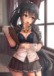  1girl black_bra black_hair blue_sailor_collar blush bra breasts brown_eyes cleavage clipboard commentary_request curtains eyebrows_visible_through_hair garter_straps gloves grey_skirt hair_between_eyes hair_ribbon highres holding holding_clipboard indoors jewelry k_jie kantai_collection long_hair medium_breasts mouth_hold neckerchief open_clothes orange_neckerchief pleated_skirt ponytail remodel_(kantai_collection) ribbon ring sailor_collar sidelocks skirt solo underwear very_long_hair wedding_band white_gloves white_ribbon window yahagi_(kancolle) 