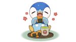  blush character_print closed_eyes commentary_request cup darumaka eating no_humans official_art open_mouth piplup pokemon pokemon_(creature) project_pochama sitting solo toes tongue tray white_background 