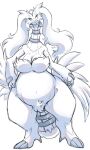  anthro blue_eyes claws crotch_tuft female front_view fur hi_res ingi legendary_pok&eacute;mon looking_at_viewer nintendo pok&eacute;mon pok&eacute;mon_(species) reshiram signature simple_background slightly_chubby solo standing tuft video_games white_background white_body white_fur 