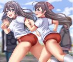  2girls absurdres alternate_costume ashigara_(kancolle) ass brown_eyes brown_hair buruma gym_shirt gym_uniform hair_ribbon hairband highres kantai_collection long_hair mamiya_(kancolle) multiple_girls red_buruma red_ribbon ribbon running shirt sleeves wavy_hair white_hairband white_shirt zanntetu 