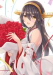  1girl bare_shoulders black_hair blush bouquet detached_sleeves eyebrows_visible_through_hair fingernails flower gensoukitan hair_between_eyes hair_ornament hairband hairclip haruna_(kancolle) headgear highres holding holding_bouquet japanese_clothes jewelry kantai_collection long_hair looking_at_viewer nontraditional_miko open_mouth pleated_skirt red_flower red_rose red_skirt remodel_(kantai_collection) ribbon-trimmed_sleeves ribbon_trim ring rose simple_background skirt smile solo wedding_band white_background wide_sleeves yellow_eyes 