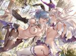  2girls 77gl bangs bare_shoulders black_legwear blue_hair blush breasts emilia_(re:zero) flower hair_flower hair_ornament hair_over_one_eye hair_ribbon large_breasts long_hair medium_breasts multiple_girls navel open_mouth pointy_ears purple_ribbon re:zero_kara_hajimeru_isekai_seikatsu rem_(re:zero) ribbon short_hair silver_hair smile thighhighs thighs white_legwear x_hair_ornament 