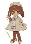  1girl absurdres blush bow brown-framed_eyewear brown_eyes brown_hair brown_legwear closed_mouth drill_hair eyebrows full_body glasses hat highres holding holding_paintbrush long_hair long_sleeves looking_at_viewer mameeekueya paintbrush pantyhose personification pokemon smeargle smile solo twin_drills white_bow white_footwear white_headwear 