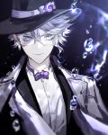  1boy azul_ashengrotto bangs blue_eyes closed_mouth coat collared_shirt glasses hat highres koshika_rina looking_at_viewer male_focus mole mole_under_mouth shirt short_hair silver_hair smile solo twisted_wonderland white_hair white_shirt 