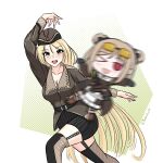  1girl anime_girl_throwing_things_(meme) bangs belt black_skirt blonde_hair blush breasts brown_headwear brown_jacket chibi cleavage collarbone explosive eyebrows_visible_through_hair feet_out_of_frame girls&#039;_frontline hat highres jacket kentumatsu long_hair looking_at_viewer medium_breasts meme military military_hat military_uniform open_mouth p90_(girls&#039;_frontline) pp-2000_(girls&#039;_frontline) simple_background skirt smile solo standing teeth twitter_username uniform upper_teeth yellow_eyes 