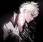  1boy bangs blue_eyes charles-henri_sanson_(fate) closed_mouth coat collared_shirt fate/grand_order fate_(series) from_side hair_between_eyes holding jacket koshika_rina long_sleeves male_focus necktie profile shirt short_hair solo white_hair 