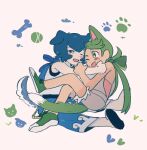  2girls ;d animal_ears bangs blue_eyes blue_hair blue_pants blush bright_pupils capri_pants commentary_request dark-skinned_female dark_skin flip-flops green_eyes green_footwear green_hair grey_overalls korean_commentary lana_(pokemon) long_hair mallow_(pokemon) multiple_girls nin_no41 no_sclera one-piece_swimsuit one_eye_closed open_mouth overalls pants paw_print pink_shirt pokemon pokemon_(game) pokemon_sm sandals shirt shoes short_hair sitting sleeveless sleeveless_shirt smile swept_bangs swimsuit swimsuit_under_clothes tail wave_print white_background white_pupils 