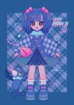  1girl absurdres bag bangs blue_hair blush character_name clothing_request creature_and_personification grey_eyes hair_bobbles hair_ornament handbag heart highres long_sleeves looking_at_viewer mameeekueya medium_hair open_mouth pink_bag pokemon pokemon_(creature) popplio shoes smile socks standing teeth 