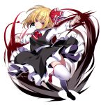  1girl ascot bangs black_skirt black_vest blonde_hair brown_footwear closed_mouth eyebrows_visible_through_hair full_body hair_ribbon highres kuroshirase long_sleeves looking_at_viewer medium_hair outstretched_arms pointy_ears red_ascot red_eyes red_ribbon ribbon rumia shirt simple_background skirt smile solo spread_arms standing standing_on_one_leg thighhighs touhou vest white_background white_legwear white_shirt 