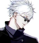  1boy bangs black_jacket blue_eyes closed_mouth coat collar collared_shirt eyelashes from_side gojou_satoru hair_between_eyes jacket jujutsu_kaisen koshika_rina male_focus profile shirt short_hair smile solo sunglasses white_hair 