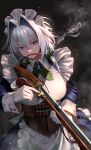  1girl absurdres adapted_costume blue_eyes blurry bow breasts brooch dark_background depth_of_field gloves greenkohgen grey_hair gun hair_bow hair_intakes highres holding holding_gun holding_weapon izayoi_sakuya jewelry large_breasts light_particles looking_to_the_side maid_headdress mouth_hold musket rifle smoke solo touhou weapon white_gloves 