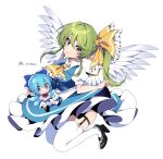  1girl angel_wings ascot bangs black_footwear blue_bow blue_dress blue_eyes blue_hair bow brown_eyes cirno crossed_arms daiyousei doll dress eyebrows_visible_through_hair full_body garter_straps green_hair hair_bow hat hat_bow high_heels highres holding holding_clothes holding_dress ice ice_wings kuroshirase long_hair looking_at_viewer pinafore_dress pointy_ears puffy_short_sleeves puffy_sleeves red_ascot shirt short_sleeves side_ponytail simple_background solo thighhighs touhou twitter_username white_background white_legwear white_shirt white_wings wings yellow_ascot yellow_bow 