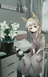  1girl alternate_costume animal_ear_fluff animal_ears bandaged_arm bandages bangs bed between_legs black_eyes blonde_hair commentary curtains extra_ears eyebrows_visible_through_hair eyes_visible_through_hair fennec_(kemono_friends) flower_request fox_ears fox_girl fox_tail hair_between_eyes hand_between_legs highres indoors kemono_friends lamp light_smile long_hair looking_at_viewer multicolored_hair nanana_(nanana_iz) on_bed pants plant potted_plant sitting solo stuffed_animal stuffed_raccoon stuffed_toy tail white_hair 