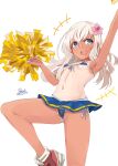  1girl alakoala armpits arms_up artist_name bikini blonde_hair blue_bikini blue_eyes blue_panties breasts cheerleader dated eyebrows_visible_through_hair flower front-tie_bikini front-tie_top hair_between_eyes hair_flower hair_ornament highres holding holding_pom_poms kantai_collection long_hair looking_at_viewer micro_bikini microskirt navel panties pink_flower pom_pom_(cheerleading) red_footwear ro-500_(kancolle) shoes side-tie_panties skirt small_breasts swimsuit tan tanlines underwear white_background 