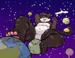  andromorph andythetanuki anthro domestic_cat drugs felid feline felis foot_fetish foot_play galaxy intersex macro mammal marijuana micro nellycat overweight paws pinkpawpads planet size_play smoking solo stripes stripped_fur tail_hold 