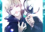  1boy bangs black_jacket blonde_hair collar facial_tattoo facing_viewer high_collar highres holding inumaki_toge jacket jujutsu_kaisen koshika_rina long_sleeves male_focus megaphone open_mouth purple_eyes short_hair solo tattoo zipper 