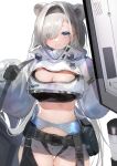  1girl animal_ears arknights aurora_(arknights) bangs bear_ears black_gloves black_hairband black_shirt blue_eyes breasts cleavage cleavage_cutout clothing_cutout commentary cowboy_shot crop_top cropped_jacket eyebrows_visible_through_hair eyes_visible_through_hair gloves grey_shorts hair_over_one_eye hairband highres jacket large_breasts long_hair looking_at_viewer midriff navel nima_(niru54) shirt short_shorts shorts silver_hair simple_background smile solo standing stomach very_long_hair white_background white_jacket 