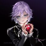  1boy apple bangs blue_eyes bow bowtie epel_felmier eyebrows_visible_through_hair food fruit hair_between_eyes highres holding holding_food koshika_rina long_sleeves looking_at_viewer male_focus purple_hair short_hair smile solo striped twisted_wonderland 