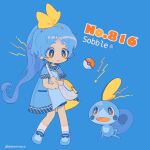  1girl blue_background blue_footwear blue_hair brown_eyes character_name earrings eyebrows full_body hairband highres jewelry looking_at_another mameeekueya parted_lips personification poke_ball poke_ball_(basic) pokemon pokemon_(creature) ponytail simple_background sobble socks twitter_username white_legwear 