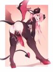  2021 anthro black_body black_fur digital_media_(artwork) eyebrows eyelashes fingers fumiko fur girly hair hi_res hooves horn male membrane_(anatomy) membranous_wings open_mouth pink_hair smile solo teeth tongue white_body white_fur wings 