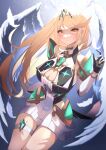  absurdres bangs bare_legs bare_shoulders blonde_hair breasts chest_jewel cleavage cleavage_cutout clothing_cutout dress earrings elbow_gloves gloves headpiece highres jewelry large_breasts long_hair mythra_(xenoblade) risumi_(taka-fallcherryblossom) short_dress swept_bangs thigh_strap tiara very_long_hair white_dress white_gloves xenoblade_chronicles_(series) xenoblade_chronicles_2 yellow_eyes 