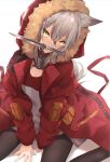  1girl animal_ears ankoro_mochi arknights bangs breasts brown_eyes commentary_request fur-trimmed_hood fur_trim grey_hair hair_between_eyes head_tilt highres hood hooded_jacket jacket knife knife_in_mouth long_hair long_sleeves looking_at_viewer mouth_hold open_clothes open_jacket partial_commentary projekt_red_(arknights) red_jacket sitting small_breasts solo wariza weapon wolf wolf_ears 