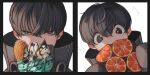  2boys absurdres bangs black_border black_coat black_eyes black_hair border coat covered_mouth eating eyes_visible_through_hair fatalbug896 food food_request fruit hair_between_eyes highres ice_cream male_focus multiple_boys orange_(fruit) orange_slice original portrait short_hair simple_background sleeves_past_fingers sleeves_past_wrists sparkle sparkling_eyes sundae turtleneck waffle white_background 