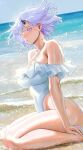  1girl bare_shoulders beach black_horns blue_sky breasts cleavage collarbone fingernails frills glint highres horns light_purple_hair medium_hair ocean off_shoulder original outdoors parted_lips pointy_ears purple_eyes purple_hair single_horn sitting sky solo swimsuit water wet white_nails white_swimsuit zkstxxx 