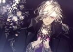  1boy black_coat closed_mouth coat edmond_dantes_(fate) facing_viewer fate/grand_order fate_(series) flower hair_over_one_eye high_collar highres koshika_rina long_hair looking_at_viewer male_focus red_eyes rose silver_hair smile solo wavy_hair white_flower white_hair white_rose 