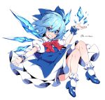  1girl :d bangs blue_bow blue_dress blue_eyes blue_footwear blue_hair bow bowtie cirno dress eyebrows_visible_through_hair full_body grin hair_between_eyes hair_bow high_heels highres ice ice_wings kuroshirase looking_at_viewer open_mouth pinafore_dress puffy_short_sleeves puffy_sleeves red_bow red_bowtie shirt short_hair short_sleeves simple_background smile solo touhou v-shaped_eyebrows white_background white_legwear white_shirt wings wrist_cuffs 