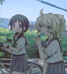  2girls ahoge alternate_costume bicycle black_hair black_skirt blonde_hair blush chito_(shoujo_shuumatsu_ryokou) day eyebrows_visible_through_hair food food_in_mouth green_neckerchief ground_vehicle highres long_hair looking_at_another looking_away low_twintails multiple_girls neckerchief open_mouth outdoors pleated_skirt popsicle popsicle_in_mouth rnfhv school_uniform short_hair short_ponytail short_sleeves shoujo_shuumatsu_ryokou skirt sweat twintails yuuri_(shoujo_shuumatsu_ryokou) 