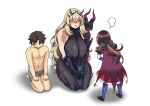  1boy 2girls asymmetrical_gloves bite_mark black_dress black_hair blonde_hair boxers breasts brown_hair cape dress eo_masaka fairy_knight_gawain_(fate) fate/grand_order fate_(series) fujimaru_ritsuka_(male) highres huge_breasts leonardo_da_vinci_(fate) long_hair male_underwear multiple_girls pantyhose scolding seiza sitting underwear white_background 