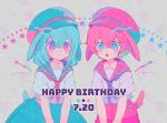  2girls animal_ears blue_eyes blue_hair blue_headwear blush character_request closed_mouth collarbone copyright_request dated eyebrows happy_birthday hat highres looking_at_viewer mameeekueya multiple_girls parted_lips pink_eyes pink_hair pink_headwear short_hair smile tail teeth upper_teeth 