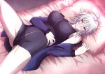  1girl absurdres ahoge bangs black_dress black_panties blue_coat breasts cleavage coat collarbone dress fate/grand_order fate_(series) fur-trimmed_coat fur_trim highres jeanne_d&#039;arc_(alter)_(fate) jeanne_d&#039;arc_(fate) knee_up large_breasts long_sleeves looking_at_viewer lying miyabi_hakuro on_back on_bed open_clothes open_coat panties pillow short_dress short_hair silver_hair solo thighs underwear wicked_dragon_witch_ver._shinjuku_1999 yellow_eyes 