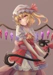  1girl ascot bangs blonde_hair brown_background closed_mouth cowboy_shot crystal fall_(5754478) fang flandre_scarlet hat hat_ribbon highres holding laevatein_(touhou) looking_to_the_side mob_cap one_side_up petticoat puffy_short_sleeves puffy_sleeves red_eyes red_ribbon red_vest ribbon shirt short_sleeves simple_background smile solo standing touhou vest white_headwear white_shirt wings yellow_neckwear 