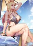  1girl ahri_(league_of_legends) animal_ears arm_support bare_shoulders beach beach_umbrella blonde_hair blue_eyes breasts cleavage collarbone crossed_legs gonster k/da_(league_of_legends) k/da_ahri large_breasts league_of_legends looking_at_viewer ocean open_mouth sideboob sitting solo sweat sweatdrop swimsuit thick_thighs thighs umbrella water water_drop wet 