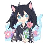  1girl :d ahoge air_bubble animal_ear_fluff animal_ears arm_rest bangs black_blouse black_hair blouse blue_eyes blush_stickers bubble cat_ears collarbone collared_blouse cropped_torso floral_print flower hair_between_eyes happy head_tilt leaf long_hair long_sleeves looking_at_viewer melan_(melanbread) melanbread no_nose open_mouth original partially_immersed pink_flower puffy_long_sleeves puffy_sleeves purple_flower sleeve_cuffs smile solo straight-on tareme transparent twintails upper_body vase water white_background 