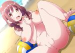  :d anus areolae arm_between_breasts bangs barefoot beach between_breasts breasts brown_eyes brown_hair censored completely_nude eyebrows_visible_through_hair feet harukana_receive highres inverted_nipples large_breasts looking_at_viewer naruse_mai navel nude ocean oozora_haruka_(harukana_receive) open_mouth pointless_censoring pussy sitting smile spread_legs thighs toes volleyball 