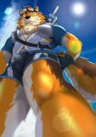  1boy absurdres animal_ears bara barrel_(live_a_hero) beige_fur brown_fur bulge chest_hair dog_boy dog_ears dog_tail dotsu_(wtnbkwiyd) feet_out_of_frame furry furry_male goggles goggles_on_head grey_male_swimwear grin highres large_tail live_a_hero looking_at_viewer male_focus male_swimwear muscular muscular_male official_alternate_costume orange_fur partially_unbuttoned pectorals perspective short_hair smile solo sunlight swim_briefs tail thick_thighs thighs 