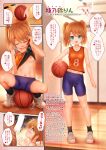 1boy 1girl ai_shite!_homun ass_visible_through_thighs basketball basketball_court basketball_uniform bike_shorts black_footwear black_shorts blue_eyes blush breasts brown_hair cameltoe censored closed_eyes clothes_lift clothes_writing commentary_request endou_hiroto erection full_body groin highres lifted_by_self long_hair midriff navel nipples open_mouth orange_shirt original penis penis_awe ribbon shirt shirt_lift shoes shorts sitting sitting_on_ball sleeveless sleeveless_shirt small_breasts smile sneakers socks sportswear spread_legs sweat thighs translation_request trembling twintails white_footwear wiping_face wiping_sweat 