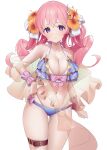  1girl bangs bare_shoulders bikini blue_bikini breasts cleavage closed_mouth cowboy_shot flower hair_flower hair_ornament hair_ribbon halter_top halterneck hand_on_hip highres large_breasts long_hair looking_at_viewer navel orange_flower parted_lips pink_hair princess_connect! ribbon simple_background solo standing stomach swimsuit thigh_strap tsumugi_(princess_connect!) white_background white_ribbon wrist_cuffs yaye 